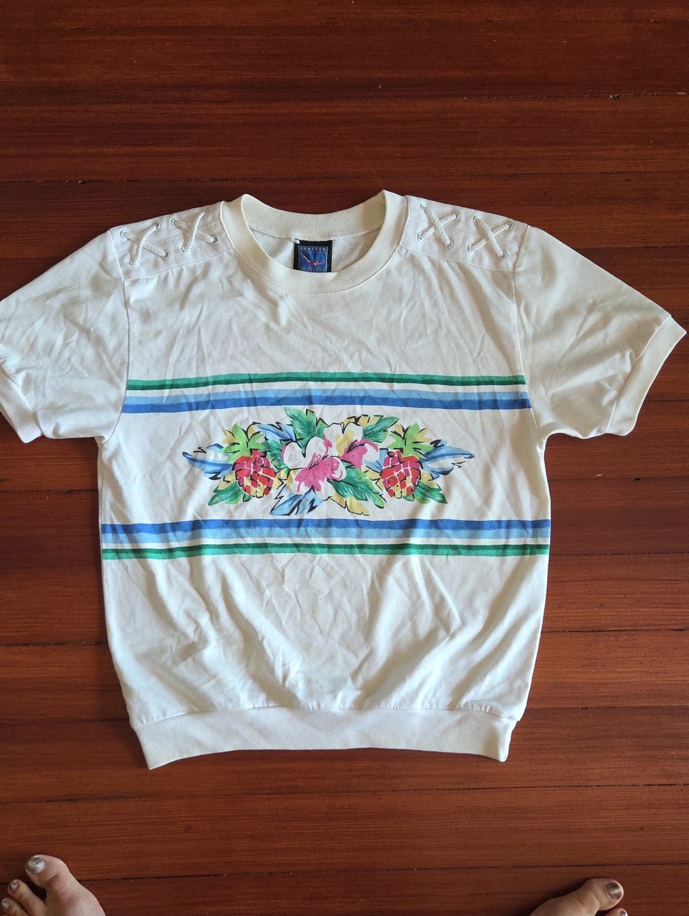 Vintage Jantzen White Floral Striped Short Sleeve